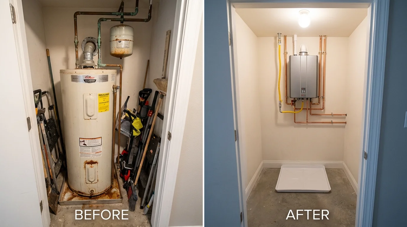 Tank water heater versus wall-mounted tankless unit comparison for Farmville, NC homeowners