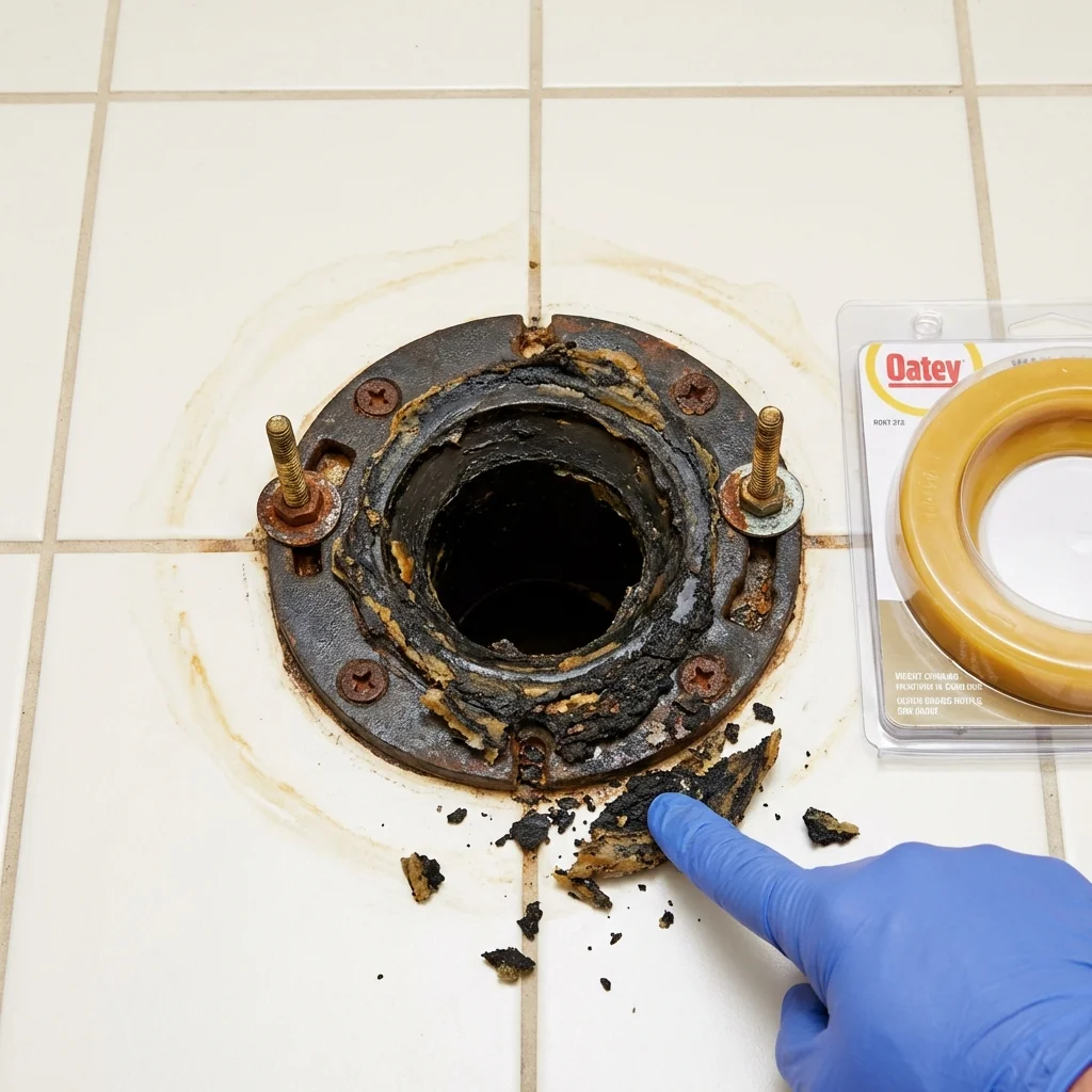 Failed wax ring showing water seepage at the base of a toilet in a Farmville, NC home