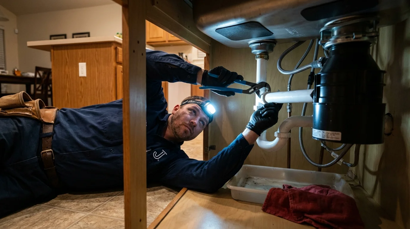 P-trap and supply line connections under a kitchen sink showing a common leak point in Farmville, NC